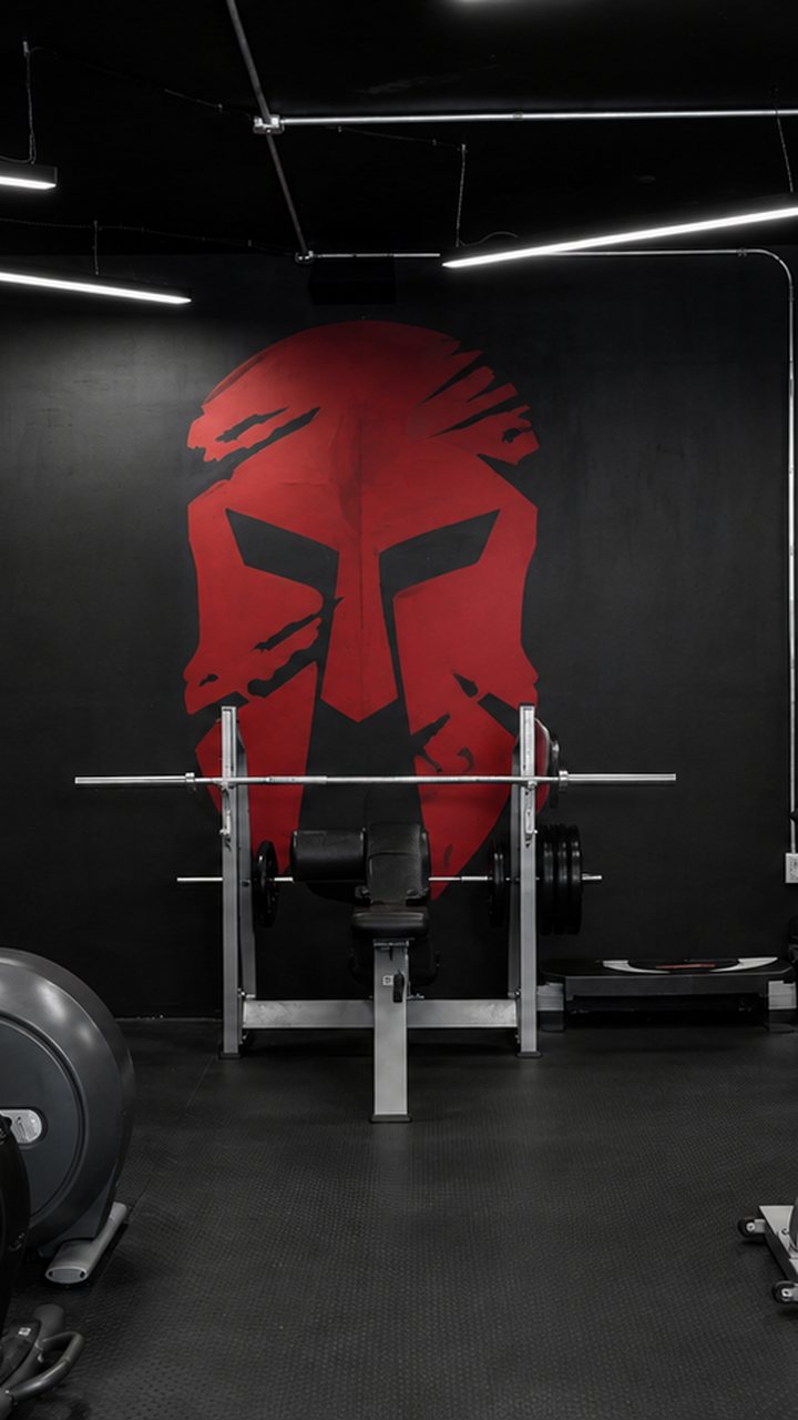 Piso principal de Arena Gym con el mural espartano